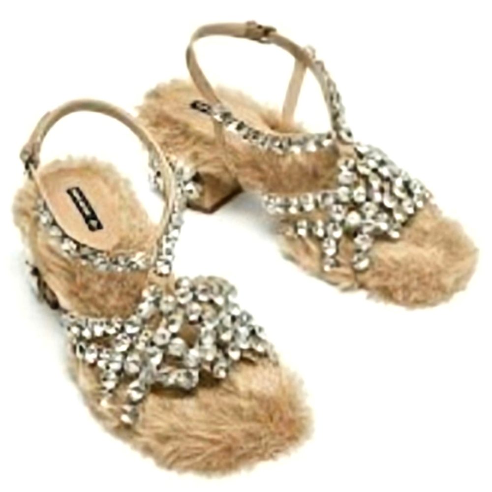 ZARA Limited Edition Exclusive Collection Rhinestone Faux Fur Leather Sandals 6 - Picture 7 of 15